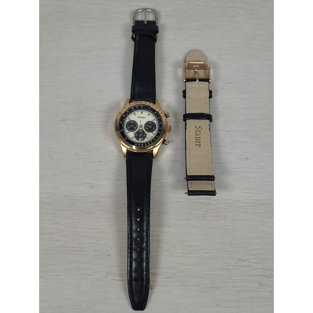 Stauer Gold Tone  Mens Watch Black Leather Strap Date 18277 New Original Strap